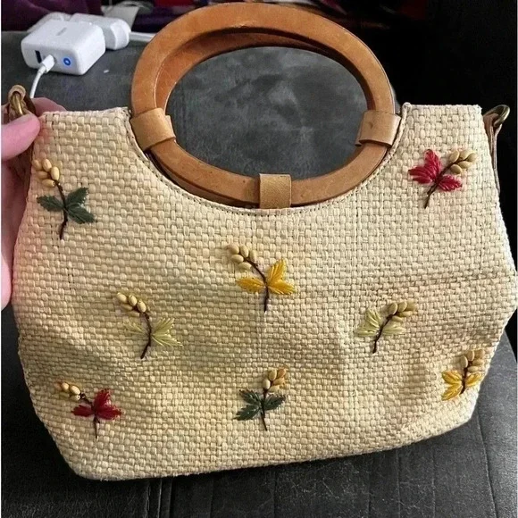 Fossil Vintage Bag Woven Straw & Leather Embroidered Beaded Floral Bag No Strap - Picture 1 of 5